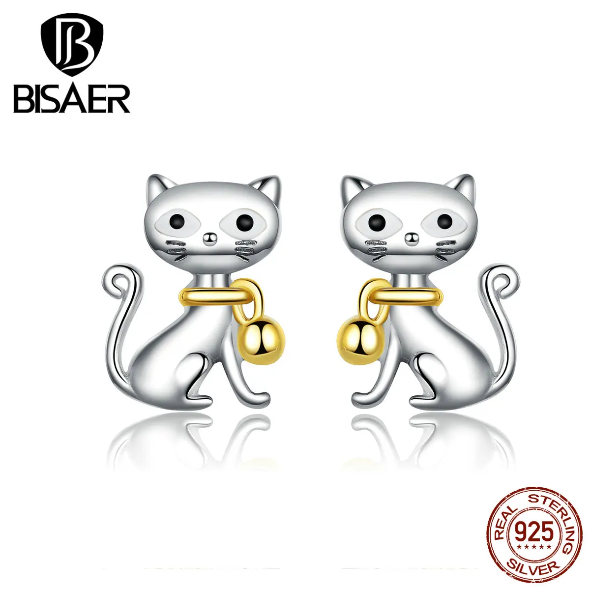 BISAER,, женские серьги, 925 пробы, серебро, колокольчик, кот, маленькие серьги, котенок, киска, Стерлинговое Серебро, серьги, ювелирное изделие, EFE112
