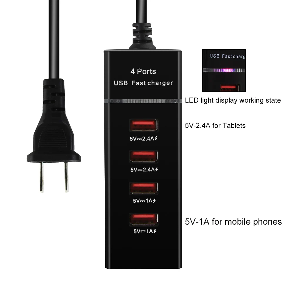 Портативное зарядное устройство usb-хаб с 4 портами настольное настенное адаптер