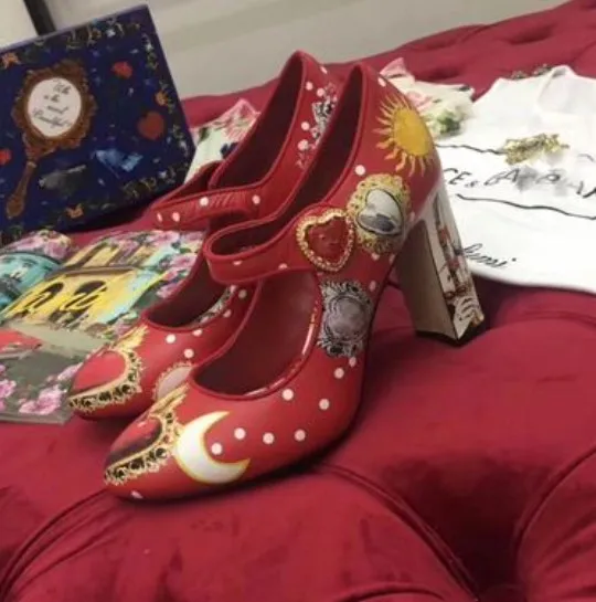 

2018 Autumn Heart printed High Heel Shoes 10cm Women Party Shoes Ankle Strap Office Shoes