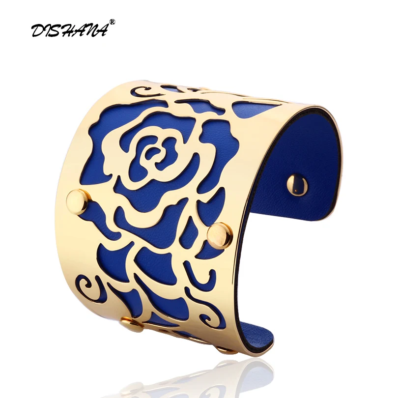 Женский браслет манжеты широкий кожаный золотого цвета с розами S0001|bangles for women|flower