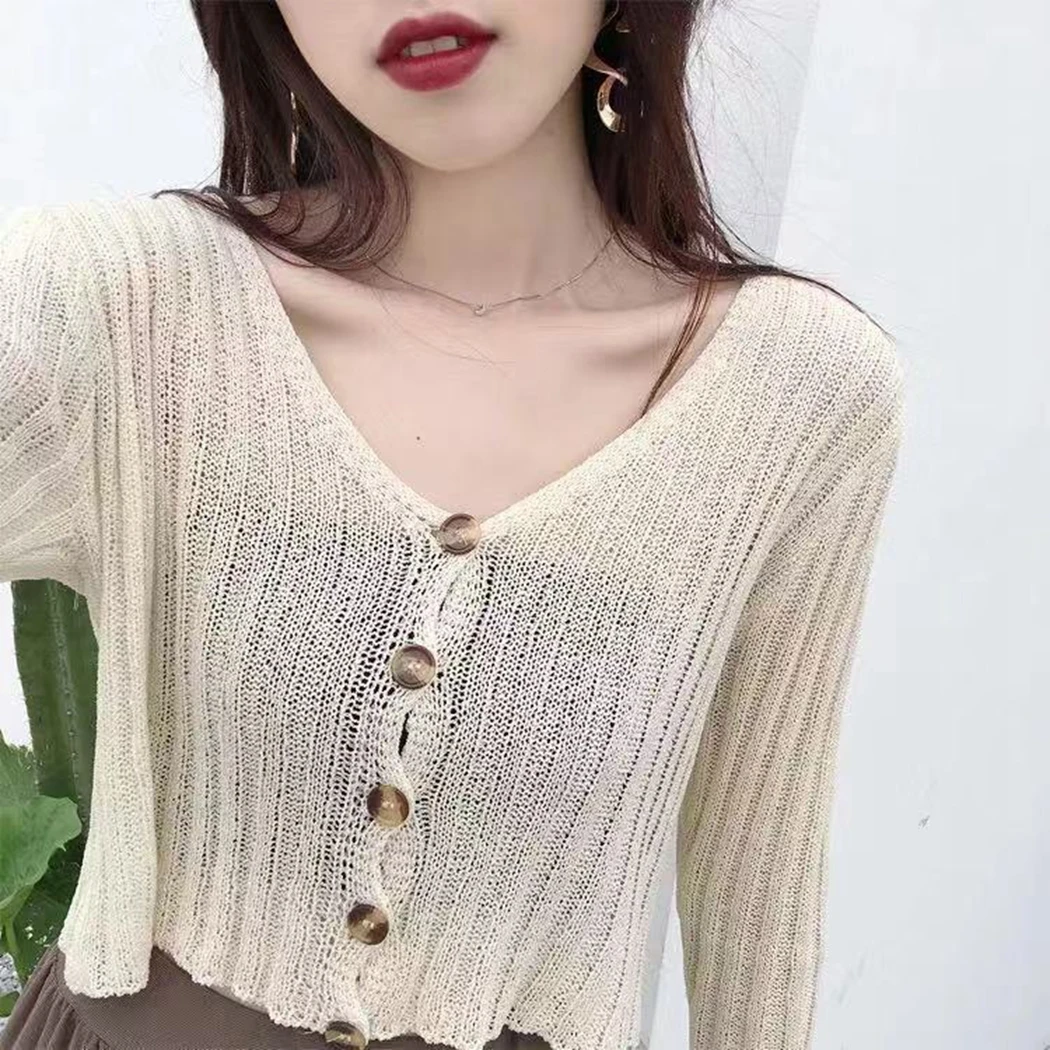 Sexy V-Neck Women Crop Tops Knitted Cardigan 2019 Summer Autumn Loose Button Thin Sweater Long Sleeve Elastic Cardigans Jacket |
