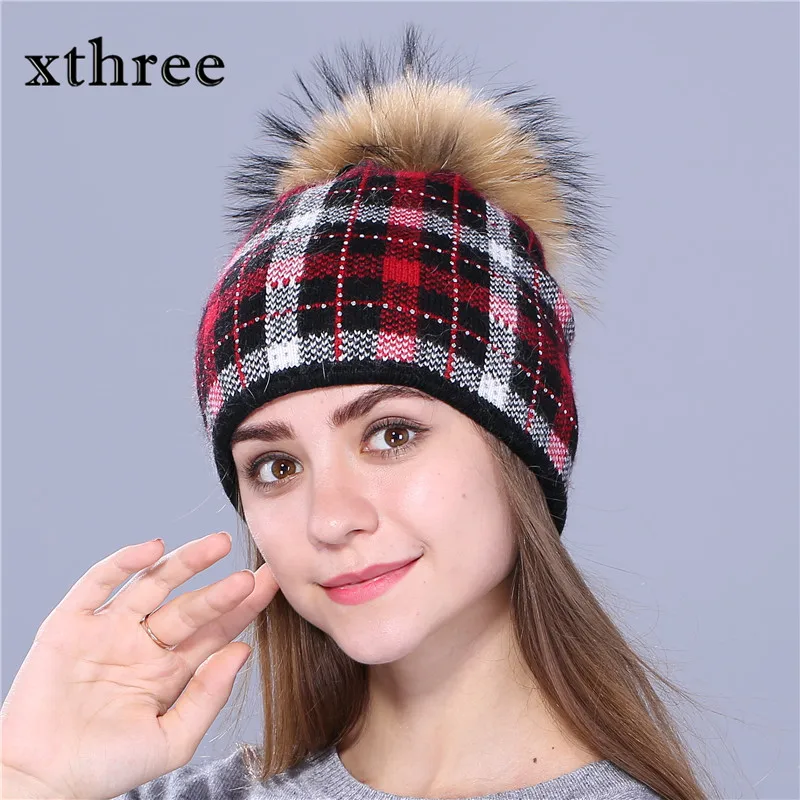 XTHREE, настоящая норка, помпоны, шерсть, мех кролика, вязанные шапочки Skullies, зимняя женская шапка, шапка для девочек, feminino beanies, шапка - Цвет: CAMEL