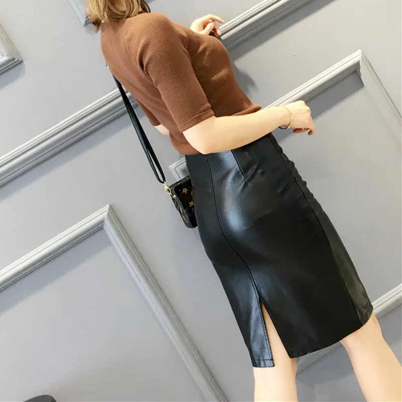 Женская юбка карандаш из ПУ кожи с разрезом и высокой талией|pencil skirt|fitted skirtmidi pencil