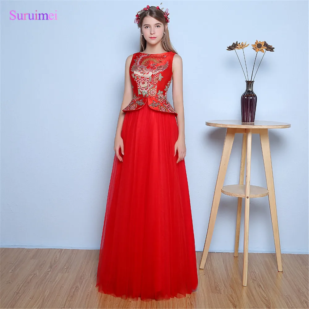 

Red Evening Dresses Floor Length High Quality Tulle China Tradition Style Embroidery Floral Print Long Evening Gown