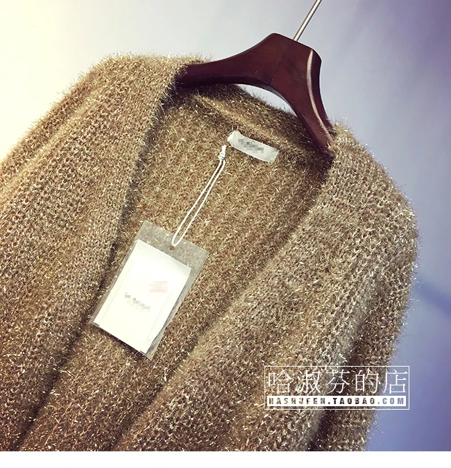 Cakucool, Женский вязаный кардиган, длинный рукав, золотой, люрекс, шикарные свитера, приукрашивают, свободный, v-образный вырез, открытый шов, Повседневный свитер, пальто для женщин