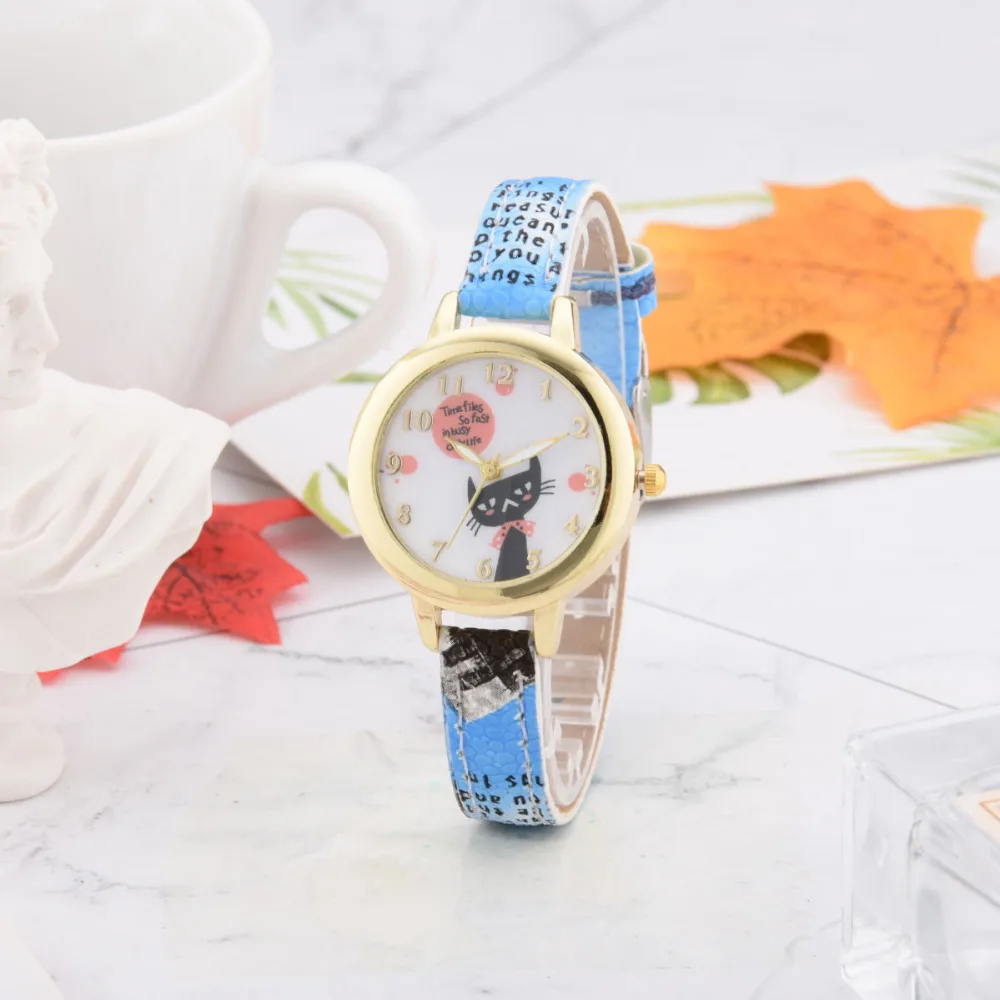 8SEASONS PU Leather Watchband Cute Cat Pattern Gold Color Quartz Wrist Watches Women Ladies Watch Clock Trendy Jewelry 1 Piece | Наручные