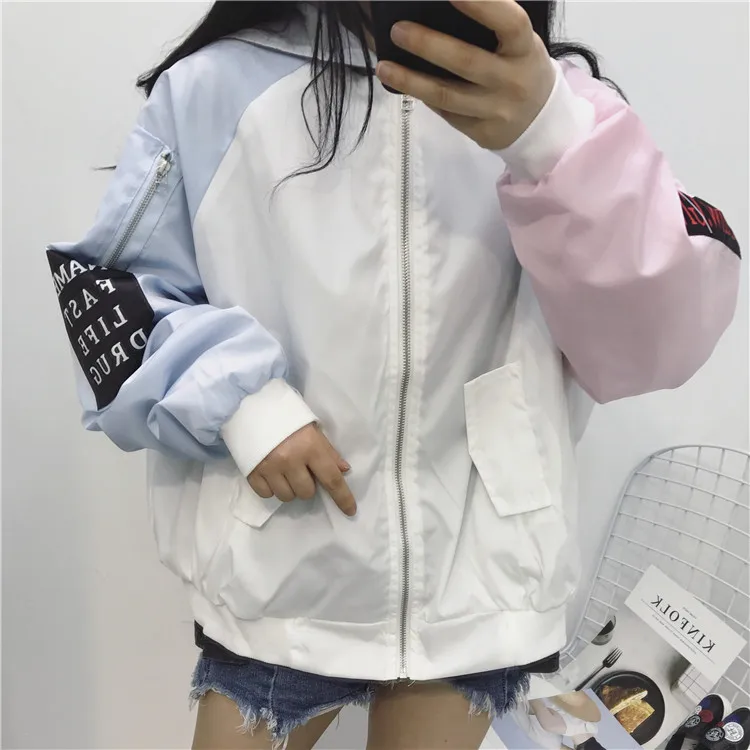 Куртки женские Harajuku в Корейском стиле свободные трендовые Лоскутные женские s одежда Высокое качество универсальные повседневные молнии шикарные Весенние Новые