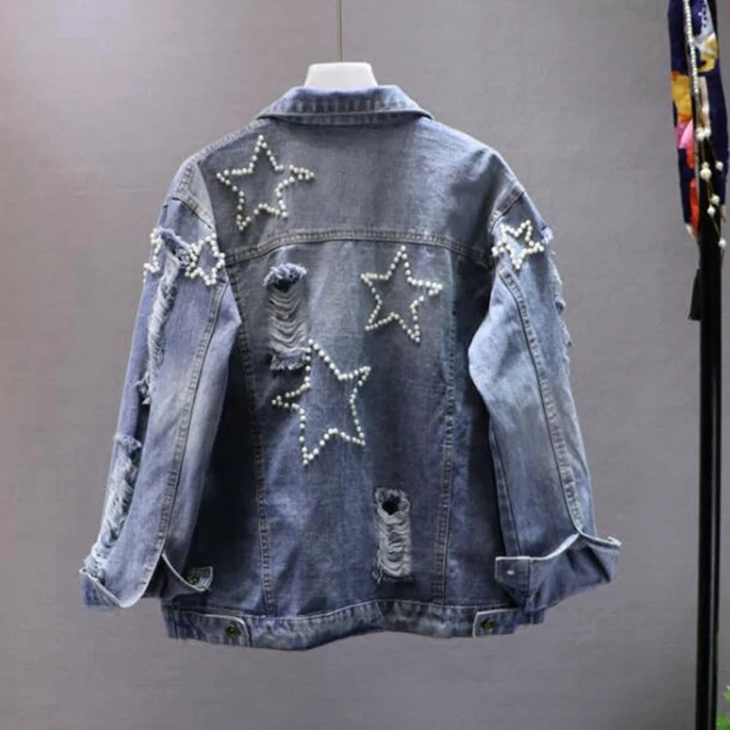 Женская джинсовая куртка с жемчужными бусинами винтажная Свободная в Корейском
