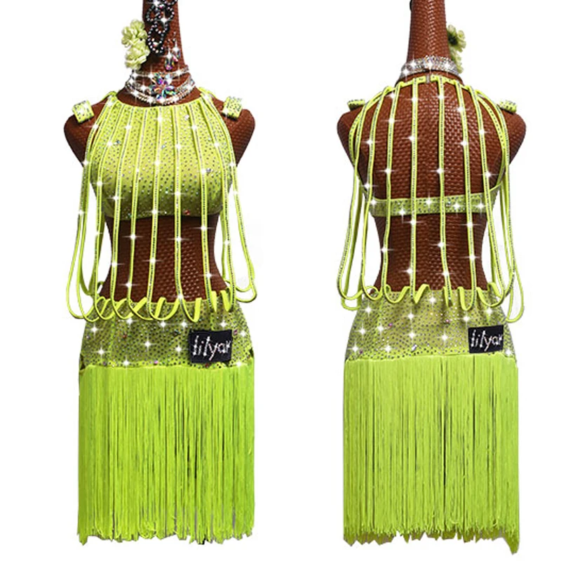 2019 латинское платье для танцев Для женщин неоновый зеленый лента со стразами Falda