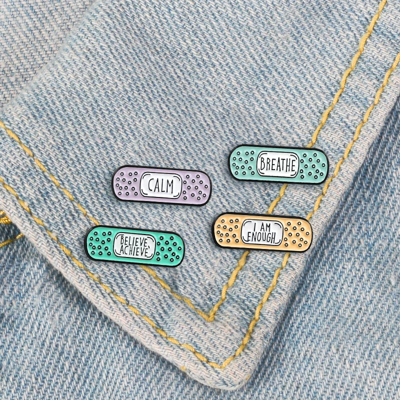 

New children's cute cartoon band-aid brooch "BREATHE, BELIEVE ACHIEVE , CALM, I AM ENOUGH" color bandage plaster brooch gifts