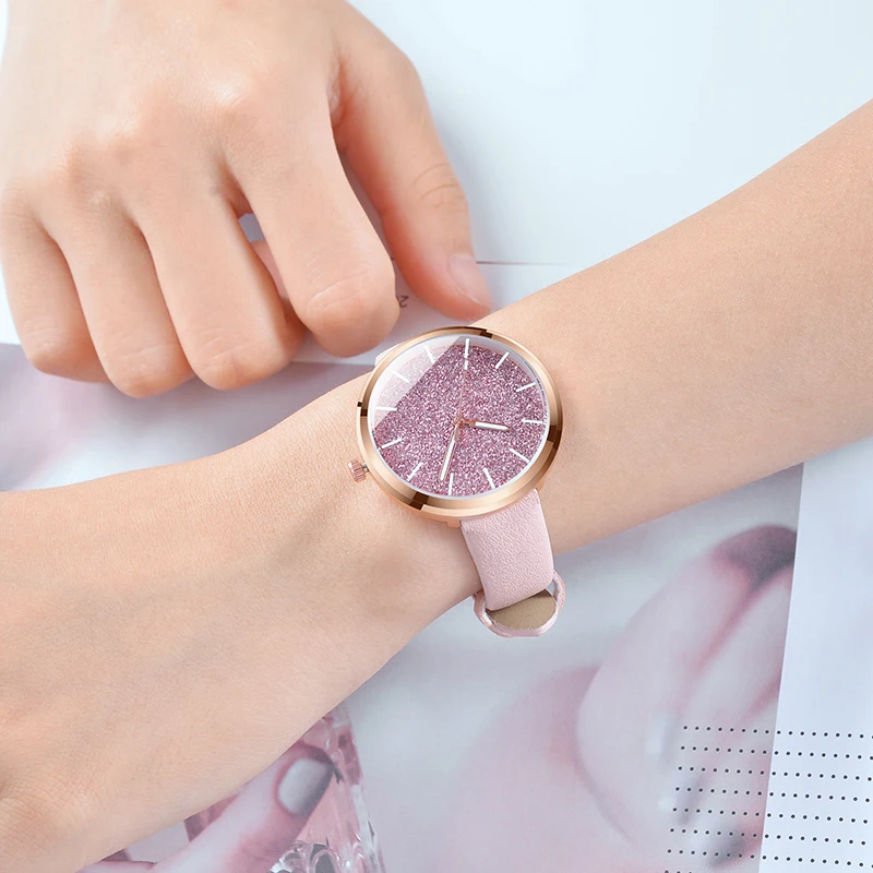 Новые модные часы для женщин романтические блестящие наручные кожаные женские