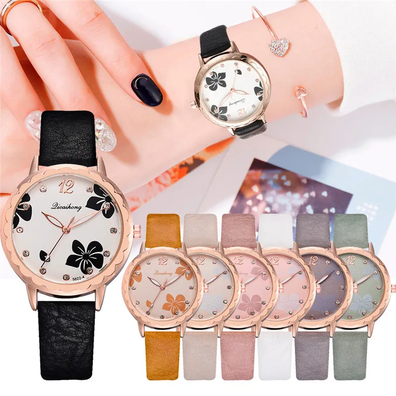 Fashion Women Watches Ladies Leather Strap Quartz Wristwatch Female Casual Dress Clock Flower Printed Watch Gifts reloj mujer /D | Наручные