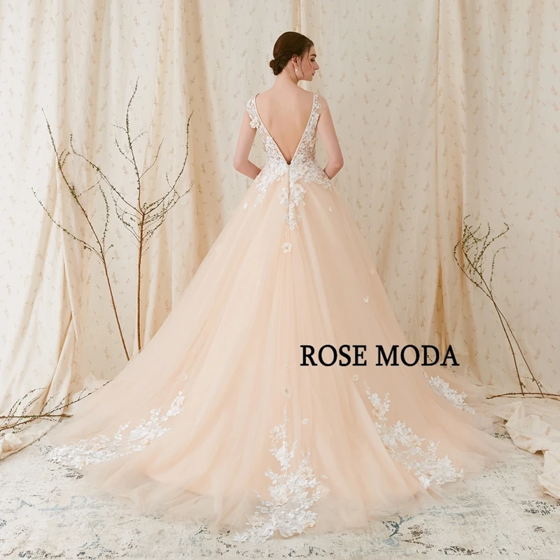 Rose Moda Modern 3D Floral Lace Wedding Dress Low V Back Ivory over Champagne Bridal Gown Custom Make | Свадьбы и торжества