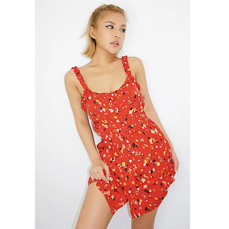 Цветочный летний пляж красное платье Для женщин Boho Полосатый Кнопка вечерние