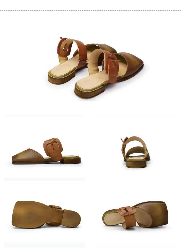 Artdiya genuine leather women shoes handmade retro original summer slippers comfortable flat sole square head open toe sandals