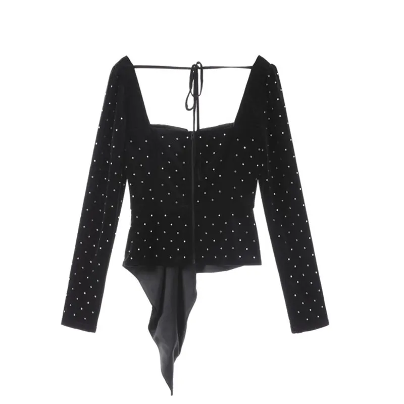 Осень 2019 женская блузка рубашка длинный рукав бриллианты бархат квадратный