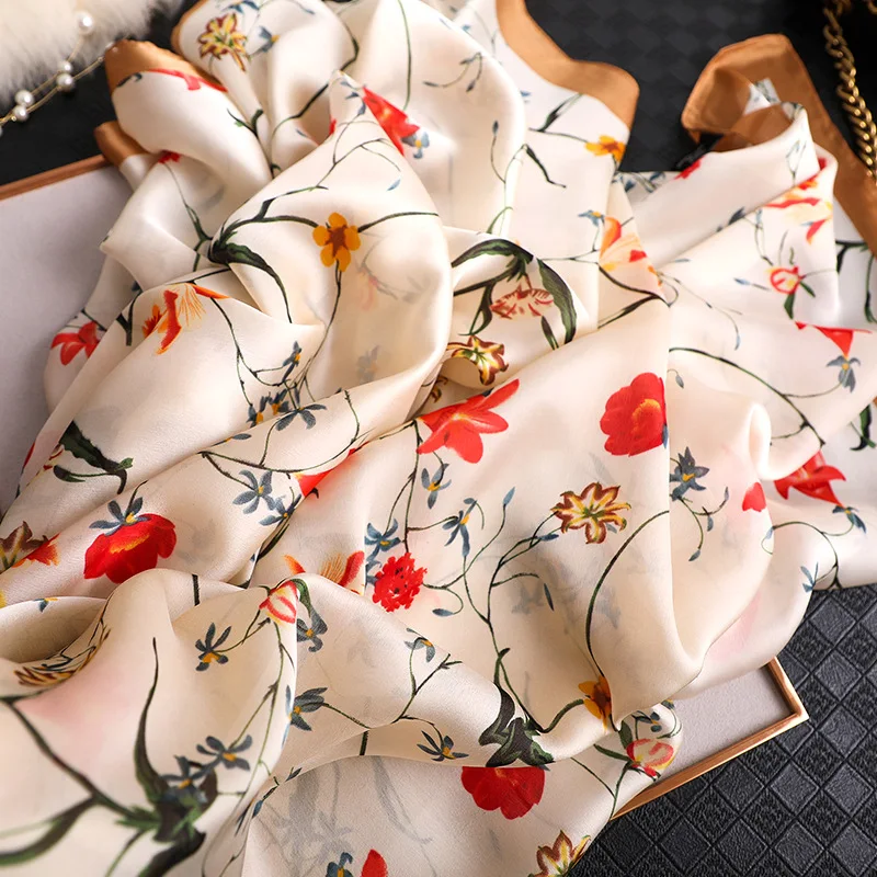 

2019 new summer women fashion quality soft silk scarf flowers printing scarves female shawls Beach cover-ups wraps silk bandana