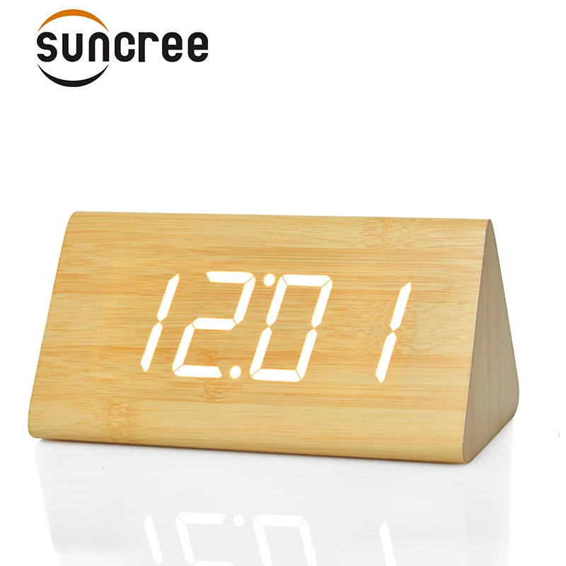 Suncree LED деревянный стол и Настольный будильник Температура голосовой активации