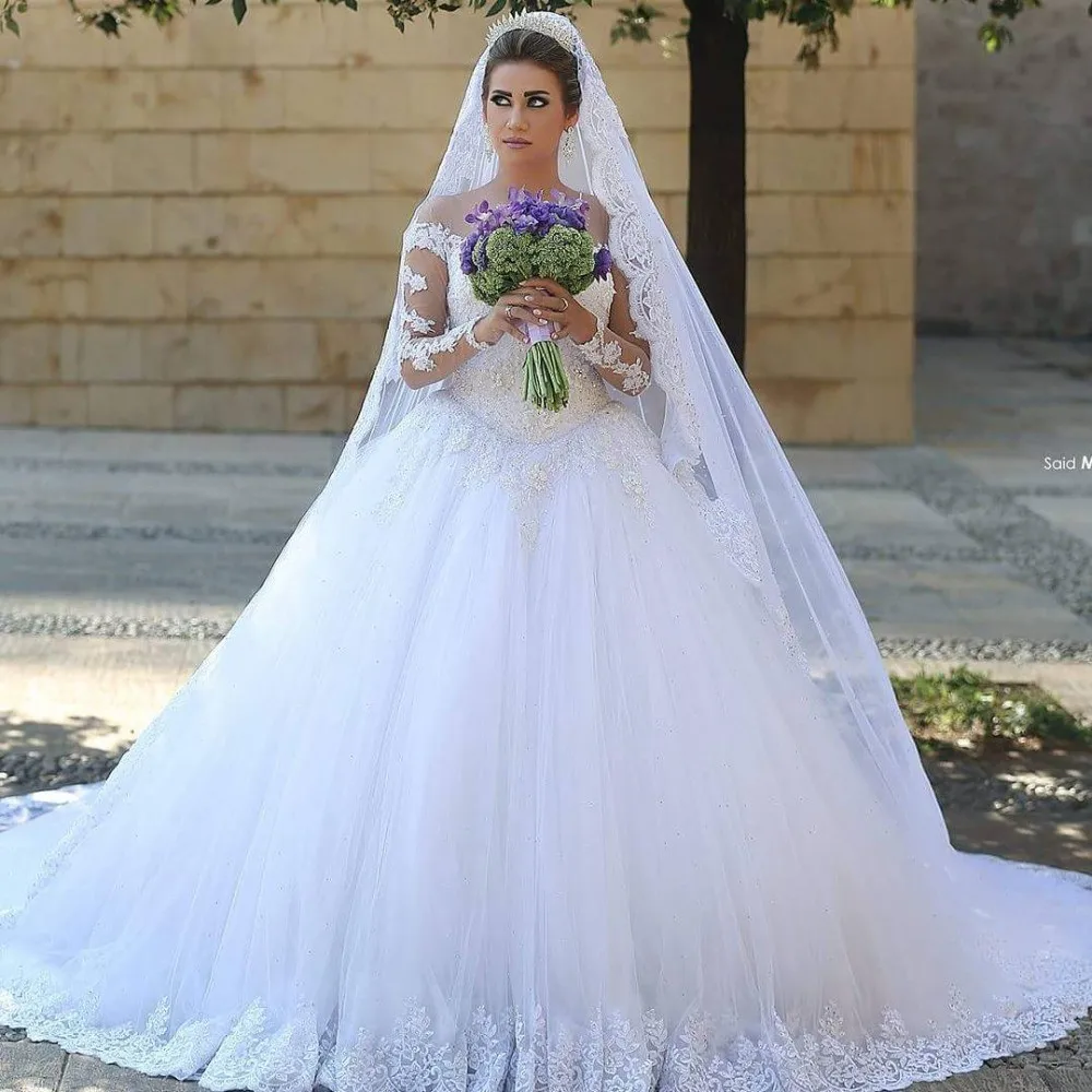 Fancy Lace Muslim Wedding Dresses Long Sleeve Tulle Court Train Appliques Beading Ball Gown Basque 2017 New Vestido De Niove | Свадьбы и