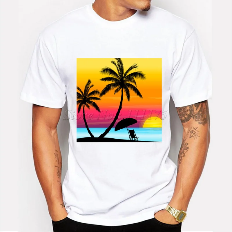 Новинка 2019 модная мужская футболка с принтом заката пляжа хипстерские топы