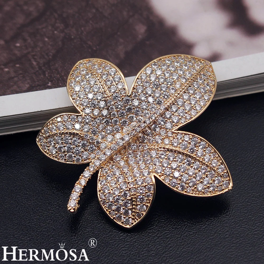 HERMOSA JEWELRY Exquisite Zircon Lucky Leaf Design Brooch For Women Yellow Gold Pins Brooches Shiny Party Gift Wedding Jewellery | Украшения