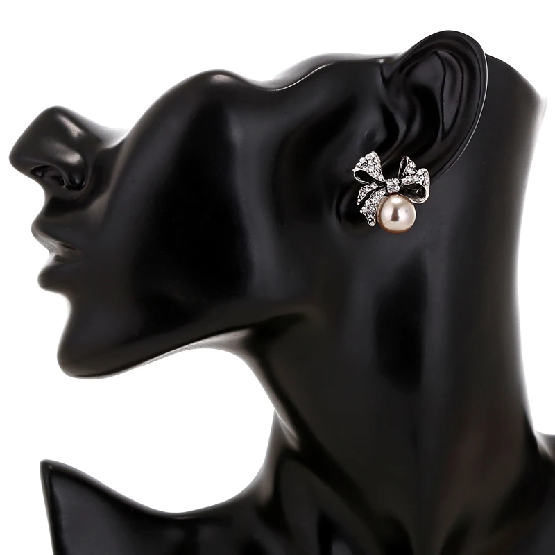 YAOLOGE Unique Inlaid Rhinestone Bow Stud Earrings Imitation pearls Trendy Jewelry Wedding Party For Women Gifts E1568 | Украшения и