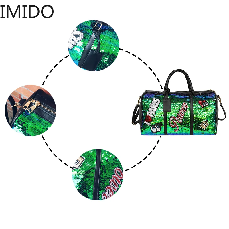 IMIDO модная Женская дорожная сумка, повседневная, с блестками, с буквами, мужская, на плечо, Диагональная Сумка, большая емкость, на открытом воздухе, Спортивная, люксовый бренд