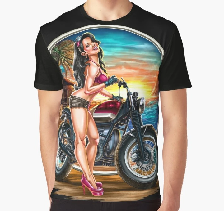 Все над печатью 3D Футболка мужская смешная футболка мотоцикл пинап закат
