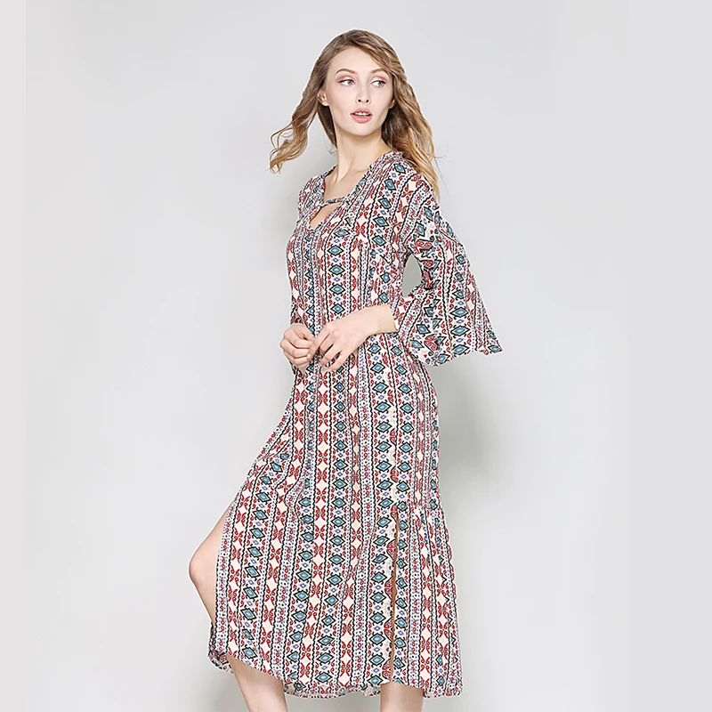 Hanyiren Side Split Loose Vintage Print Summer Dress Bohemian Beach Dresses V Neck Chiffon Women Sexy Long Maxi | Женская одежда