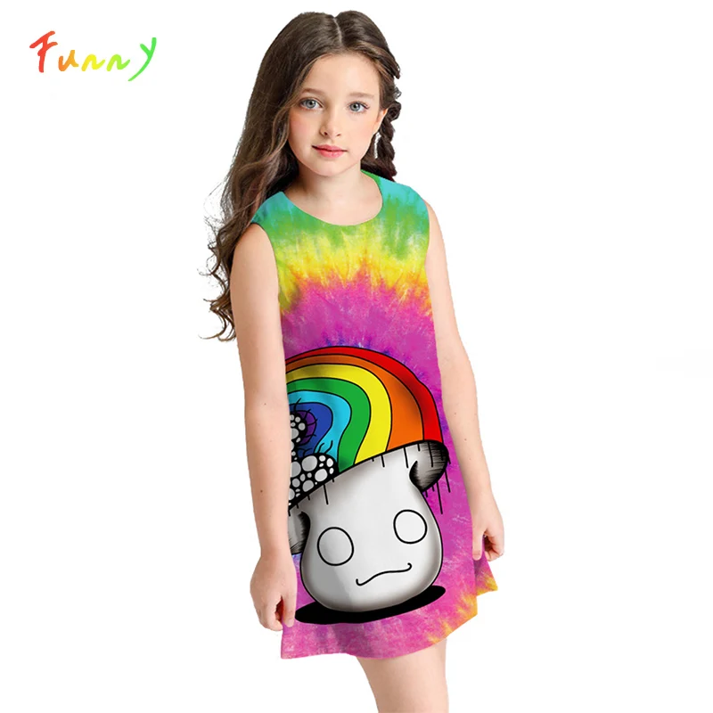 Summer Girl Dress kids Rainbow Mermaids Printed Unicorn Party Sleeveless 8 10 12 Year Toddler Clothes Vestidos Menina | Детская одежда