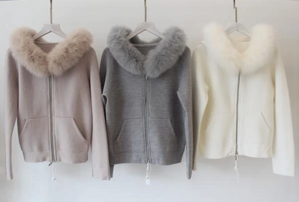 classic real fox fur hooded collar women fashion zip-up sweatshirts coat wool rabbit hair blend knitted one size