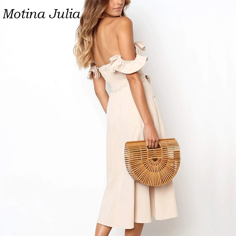 Motina Julia off shoulder ruffle dress women button front bow midi bohemian beach female vestidos pockets | Женская одежда