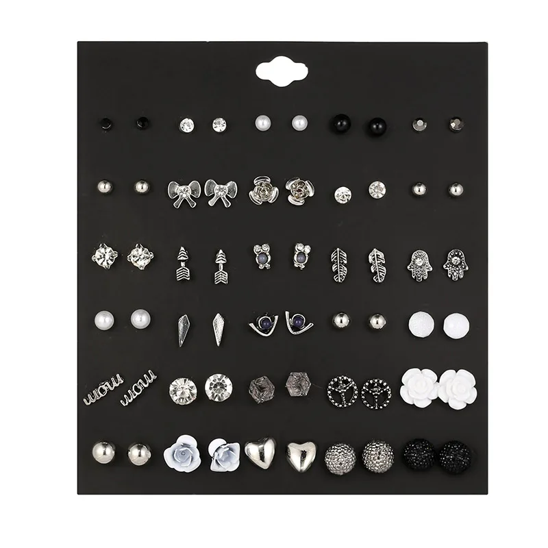 30 Pairs/set Vintage Silver Alloy Crystal Stud Earrings Set Mix For Women Girls Cute White Resin Flower Earring Gifts Jewelry | Украшения и