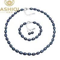 ashiqi genuine natural pearl jewelry sets7 8mm black freshwater pearl necklace bracelet earrings 925 sterling silver earrings