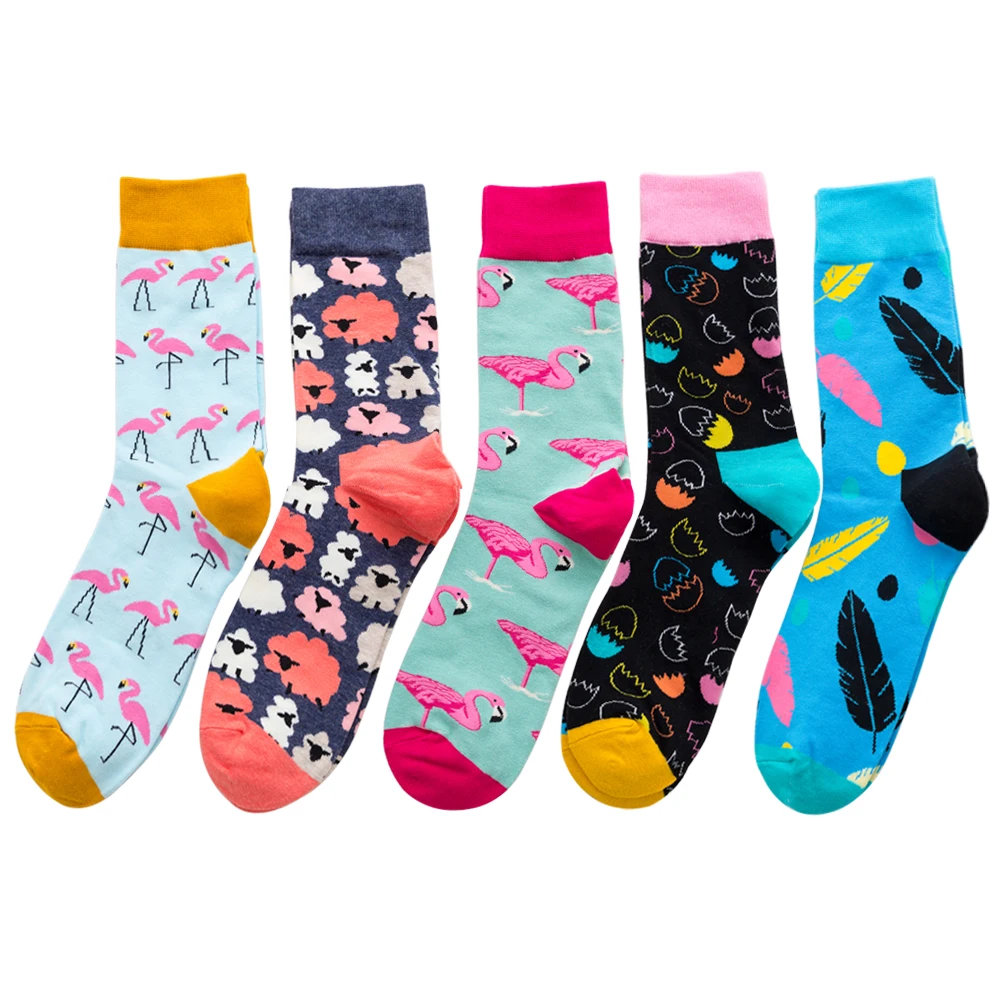 Unisex 5 Pairs Colorful Flamingo Combed Cotton Socks Fashion Autumn Happy Men's Long Socks Dress Party Wedding Funny Crew Socks