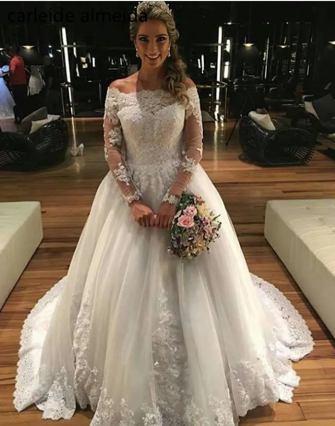 Robe de mariee/свадебное платье с длинными рукавами и вырезом лодочкой бисер кружево