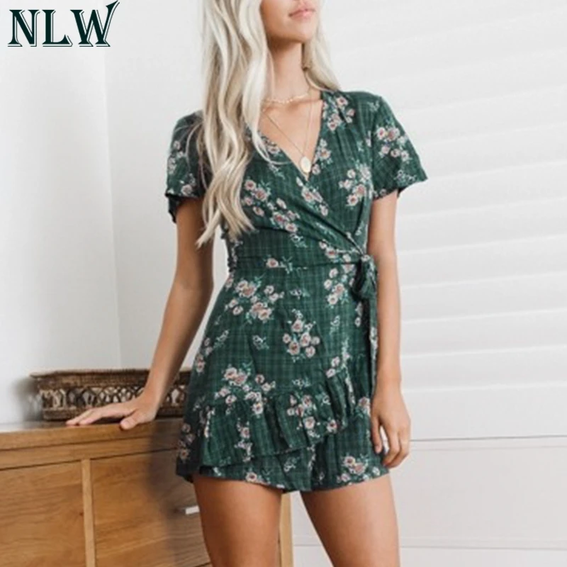 NLW Boho цветочный принт комбинезоны женский комбинезон сексуальный v образный