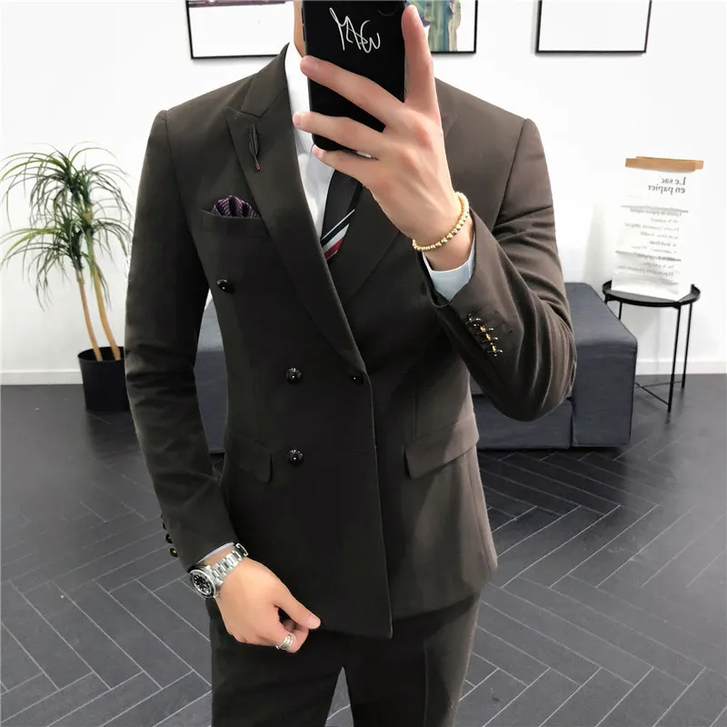 Осенне зимний костюм двойной мужской тройка деловой облегающий мужское