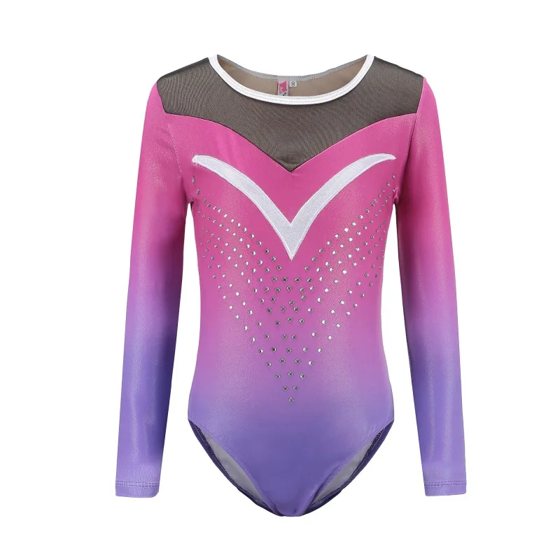 Розовый Children's Ballet Gymnastics Suit Dance Practice Clothes Dance Clothes Girls Long Sleeve Diamond Pattern Body Suit - Цвет: Розовый