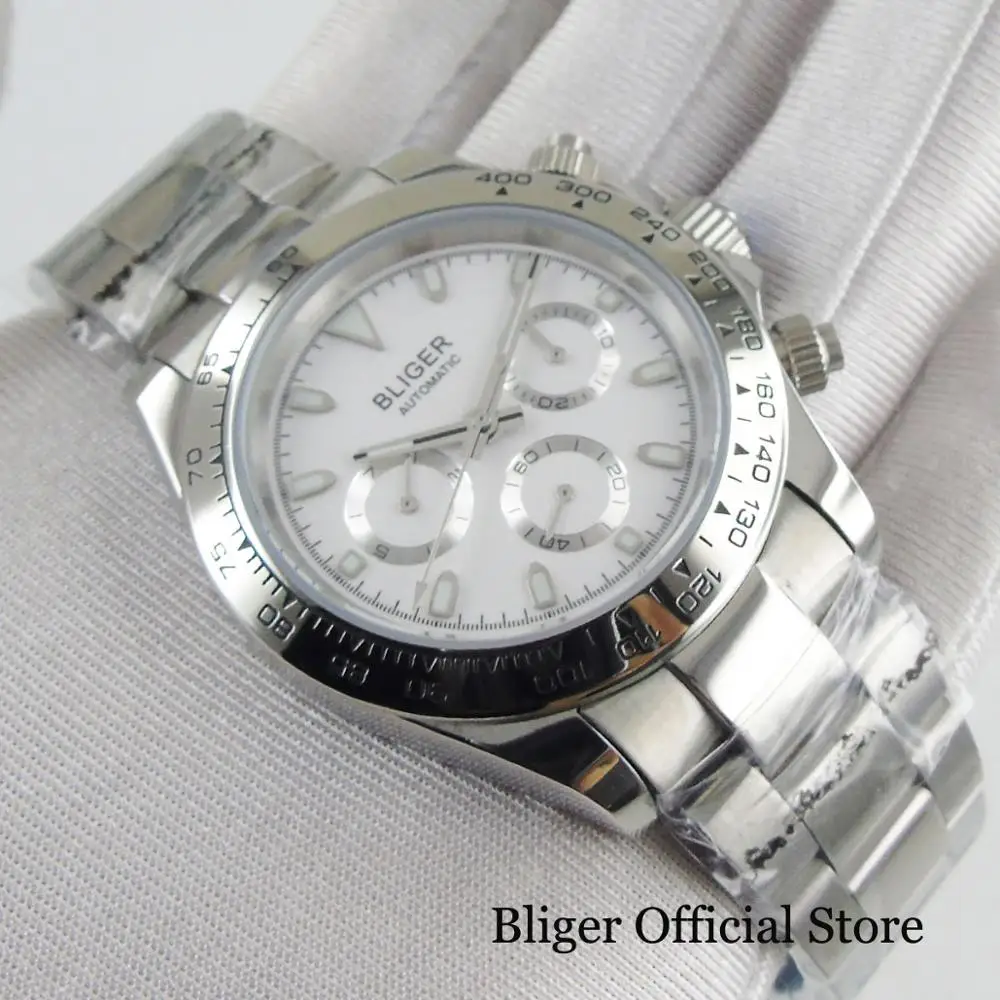 BLIGER Luxury 40mm White Dial Stainless Steel Bracelet Auto Date and Weekday Indicator