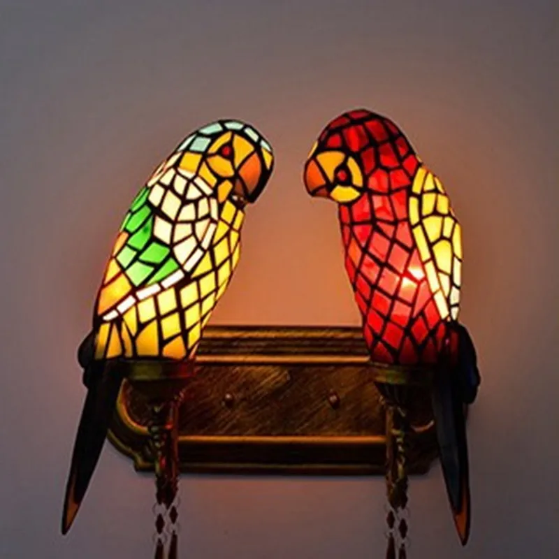 Stained Glass Double Parrots Wall Lamp Lighting Fixture modern Style Creative Bar Club Lobby Bedroom E27 base Led Light|led wall light|wall lightwall