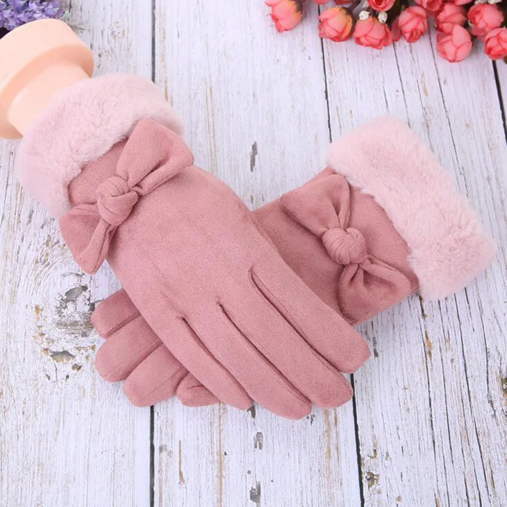 Pink Женские перчатки из искусственной замши осенние и зимние теплые плюшевые двойные утолщенные перчатки с бантиком полный палец варежки# RN - Цвет: Pink