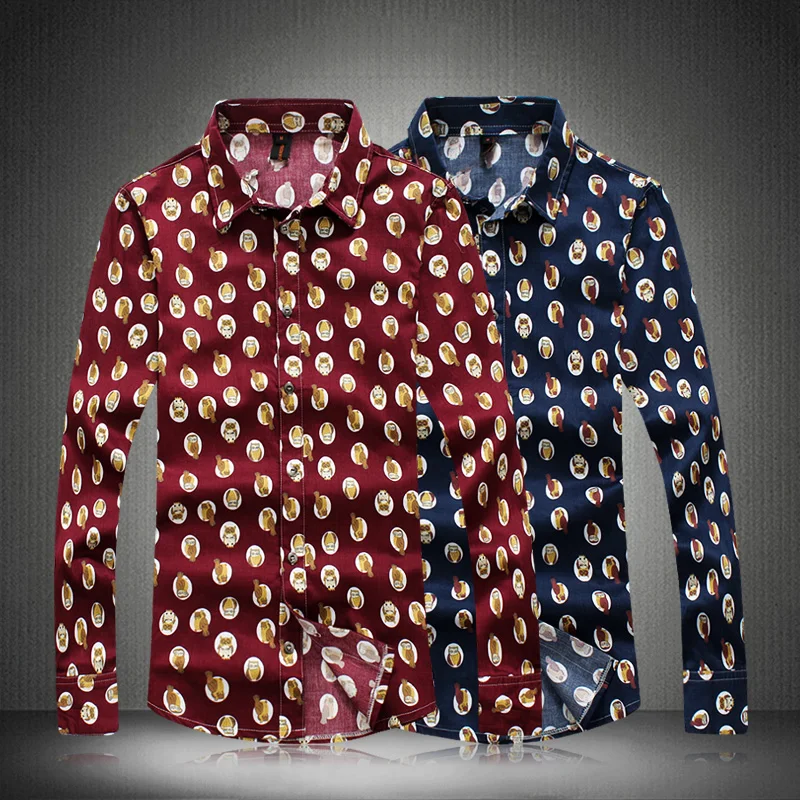 LONMMY 4XL 5XL Повседневное мужские рубашки мода с длинным рукавом птица шаблон slim fit