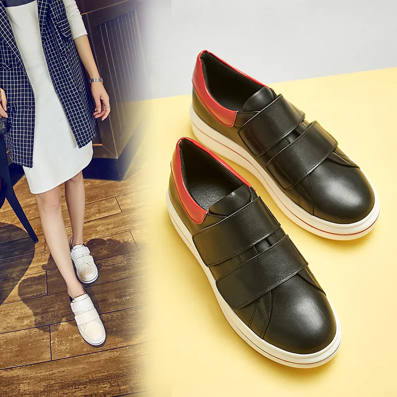 Платформа Кроссовки Женщины Hook &amp Loop Черный Белый Натуральная Кожа смешанный