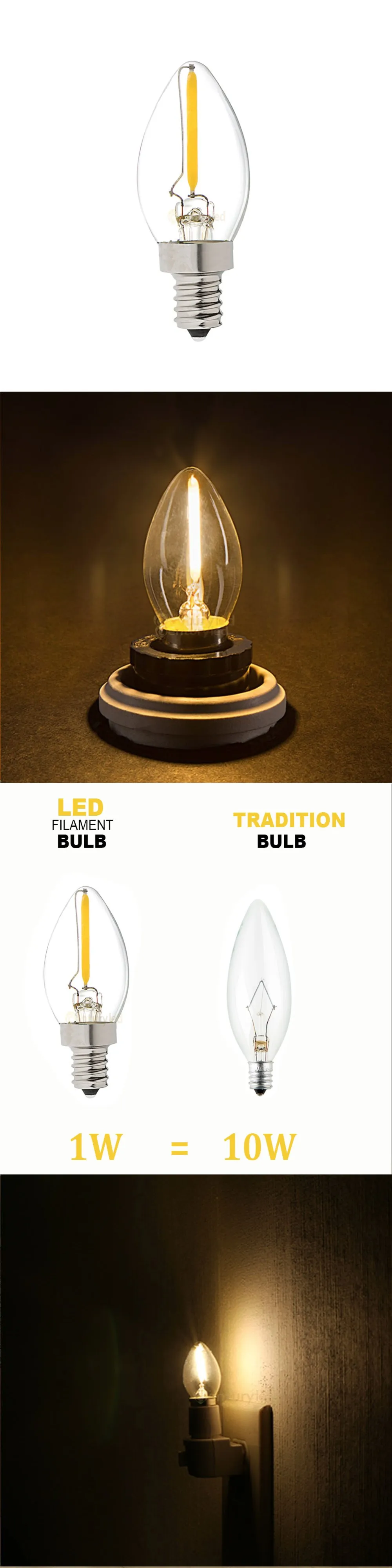 Grensk C7 0,5 Watt E14 Edison светодиодная нить с регулируемой яркостью Ночная лампочка теплый белый 2700 K лампа-канделябр E12 220 V 8 Вт