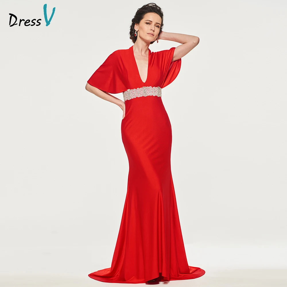 

Dressv red elegant mother of bride dress v neck half sleeves beading sashes zipper up long mother evening gown dresses custom