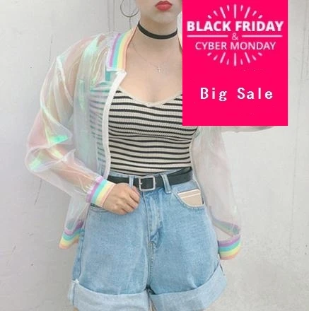 Harajuku Лето для женщин куртка Лазерная Радуга с голограммой женские BasicCoat