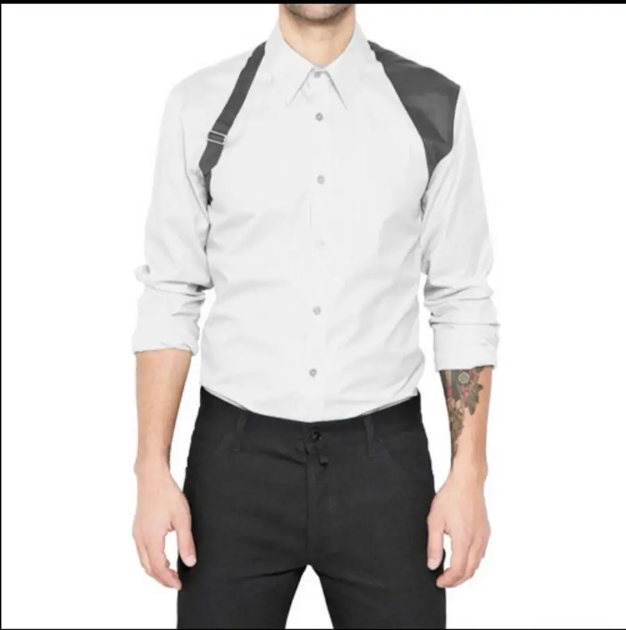 New! Men Casual Long-sleeve Shirt Black And White Patchwork Shoulder Strap Decoration Shirt Summer Slim Shirt Nightclub Clothing