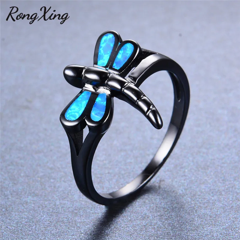 Unique Design Animal Rings Aneis for Women/Men Fashion Blue Fire Opal Ring Vintage Black Gold Filled Band Wedding Jewelry RB0835 | Украшения