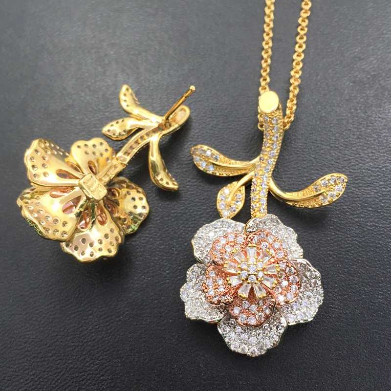 Lanyika Jewelry Set Luxury Stereo Plant Flower Zircon Micro Plated Necklace with Earrings for Woman Wedding Bridal Best Gifts | Украшения и